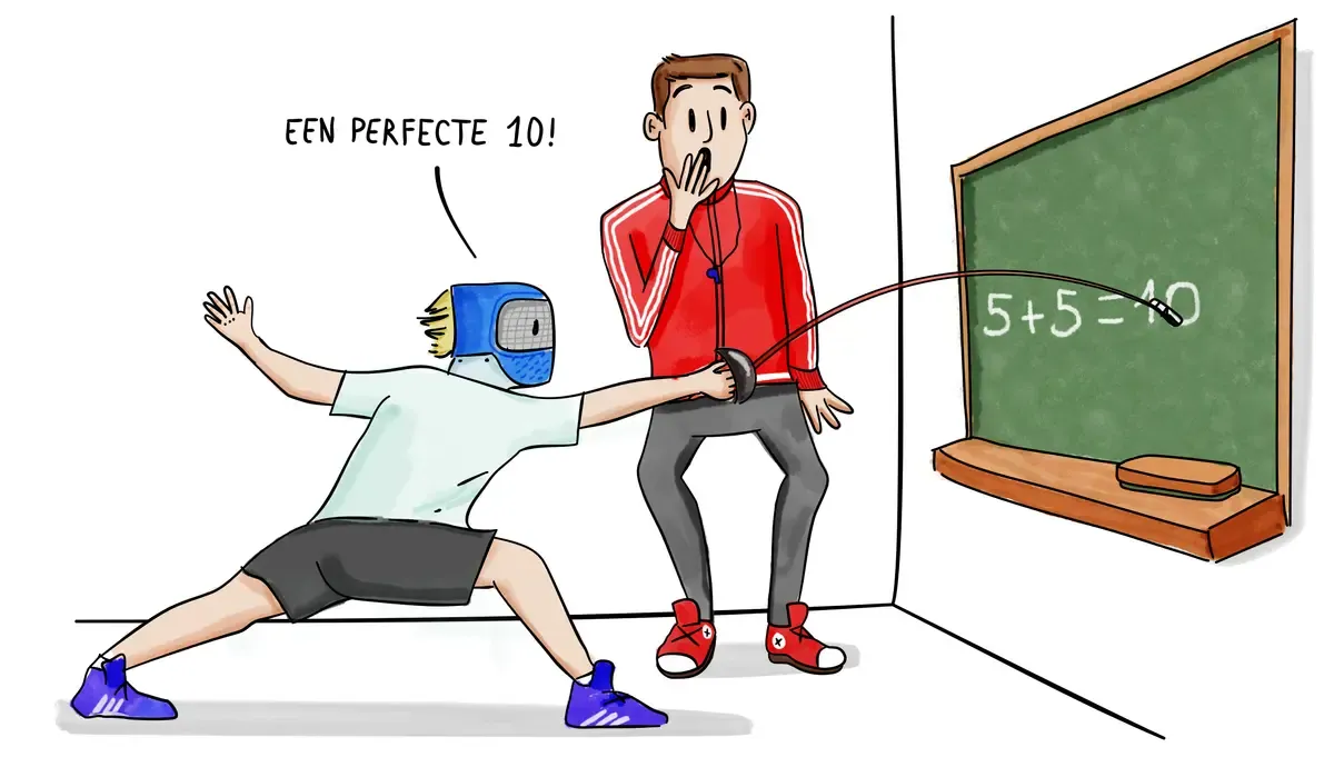Getekende school waar kinderen schermen tijdens de turnles